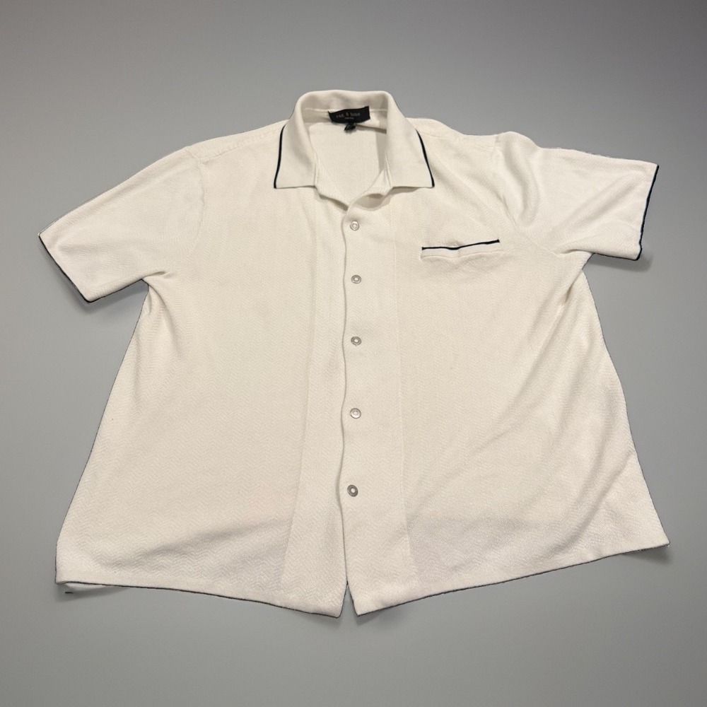 Rag & Bone Shirt Men L White Button Up Short Sleeve Knit Harvey Camp Herringbone